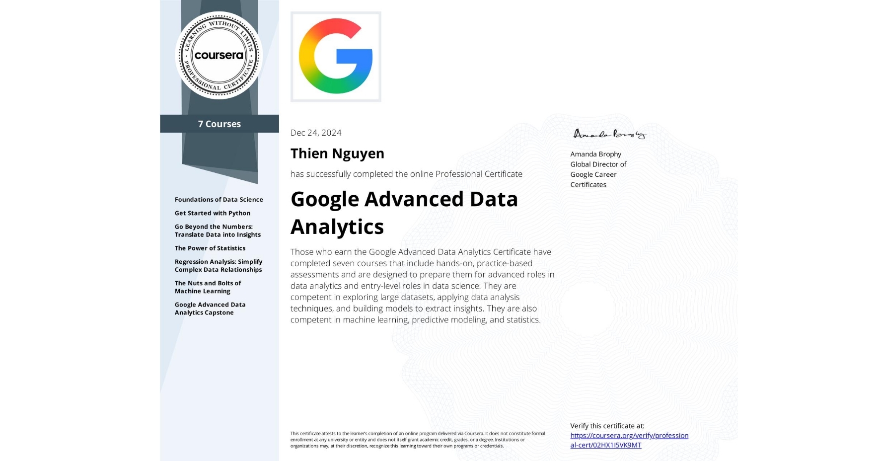 Google Advanced Data Analytics Professional Certificate