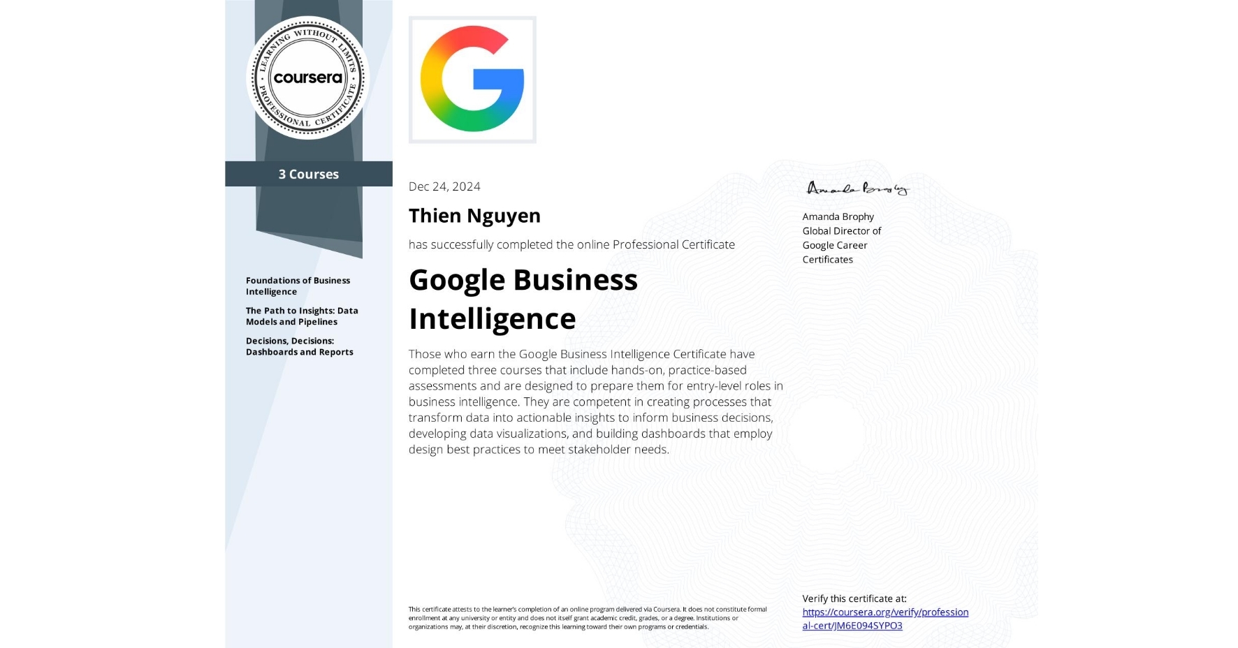 Google Business Intelligence Professional Certificate